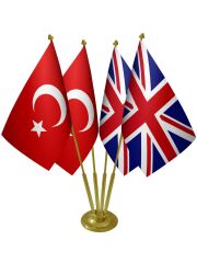 Masa Üstü İngiltere Bayrağı Türk Bayrağı Dörtlü Pirinç Direk Masa Bayrak Seti
