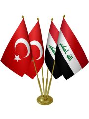 Masa Üstü Irak Bayrağı Türk Bayrağı Dörtlü Pirinç Direk Masa Bayrak Seti