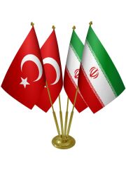 Masa Üstü İran Bayrağı Türk Bayrağı Dörtlü Pirinç Direk Masa Bayrak Seti