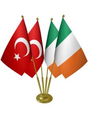 Masa Üstü İrlanda Bayrağı Türk Bayrağı Dörtlü Pirinç Direk Masa Bayrak Seti