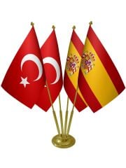Masa Üstü İspanya Bayrağı Türk Bayrağı Dörtlü Pirinç Direk Masa Bayrak Seti