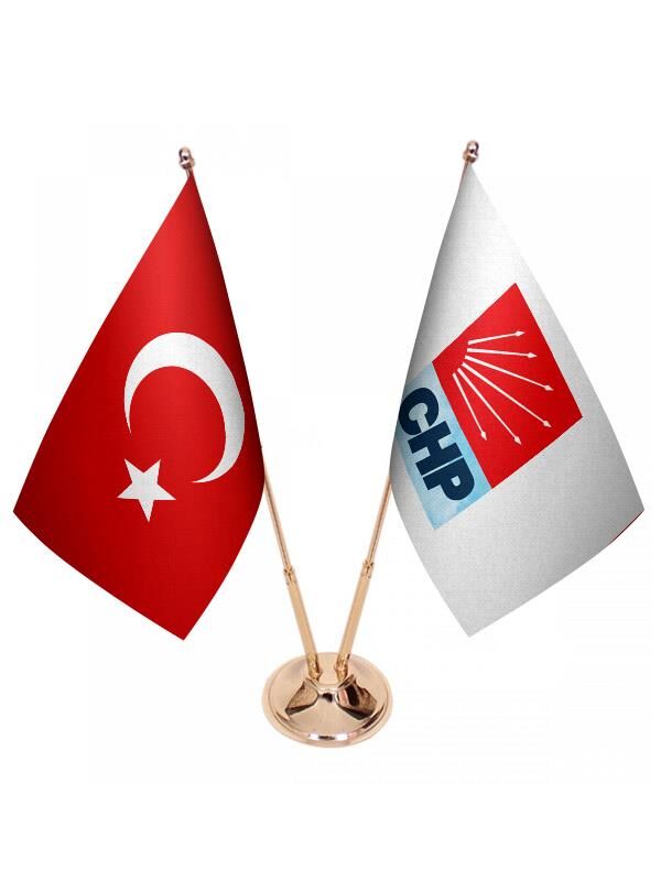 Masa Üstü CHP Bayrağı Türk Bayrağı İkili Pirinç Direk Masa Bayrak Seti