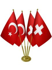 Masa Üstü İsviçre Bayrağı Türk Bayrağı Dörtlü Pirinç Direk Masa Bayrak Seti