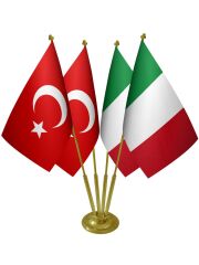 Masa Üstü İtalya Bayrağı Türk Bayrağı Dörtlü Pirinç Direk Masa Bayrak Seti