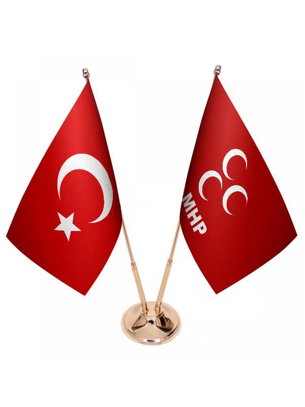 Masa Üstü MHP Bayrağı Türk Bayrağı İkili Pirinç Direk Masa Bayrak Seti