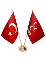 Masa Üstü MHP Bayrağı Türk Bayrağı İkili Pirinç Direk Masa Bayrak Seti
