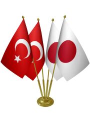 Masa Üstü Japonya Bayrağı Türk Bayrağı Dörtlü Pirinç Direk Masa Bayrak Seti