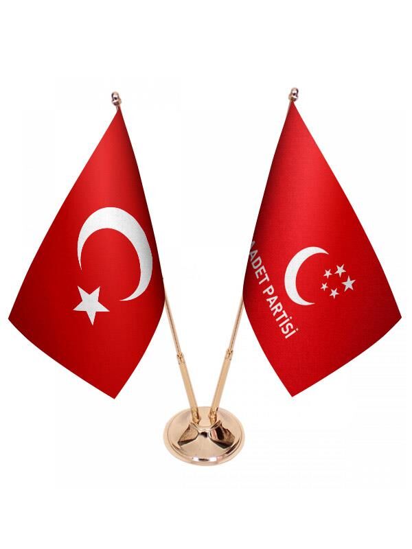 Masa Üstü Saadet Partisi Bayrağı Türk Bayrağı İkili Pirinç Direk Masa Bayrak Seti