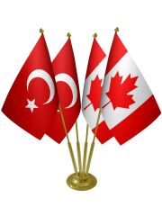 Masa Üstü Kanada Bayrağı Türk Bayrağı Dörtlü Pirinç Direk Masa Bayrak Seti
