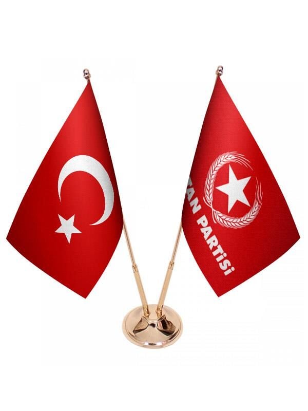 Masa Üstü Vatan Partisi Bayrağı Türk Bayrağı İkili Pirinç Direk Masa Bayrak Seti