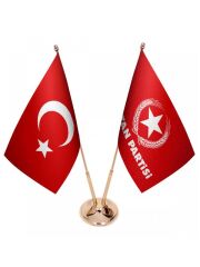 Masa Üstü Vatan Partisi Bayrağı Türk Bayrağı İkili Pirinç Direk Masa Bayrak Seti