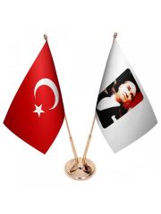 Masa Üstü Atatürk Bayrağı Türk Bayrağı İkili Pirinç Direk Masa Bayrak Seti