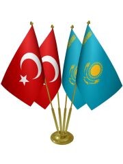 Masa Üstü Kazakistan Bayrağı Türk Bayrağı Dörtlü Pirinç Direk Masa Bayrak Seti