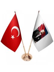 Masa Üstü Atatürk Bayrağı Türk Bayrağı İkili Pirinç Direk Masa Bayrak Seti