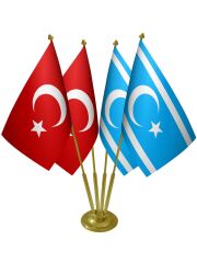 Masa Üstü Kerkük Türkmeneli Bayrağı Türk Bayrağı Dörtlü Pirinç Direk Masa Bayrak Seti