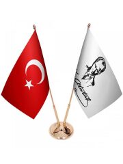 Masa Üstü Atatürk İmzalı Bayrağı Türk Bayrağı İkili Pirinç Direk Masa Bayrak Seti