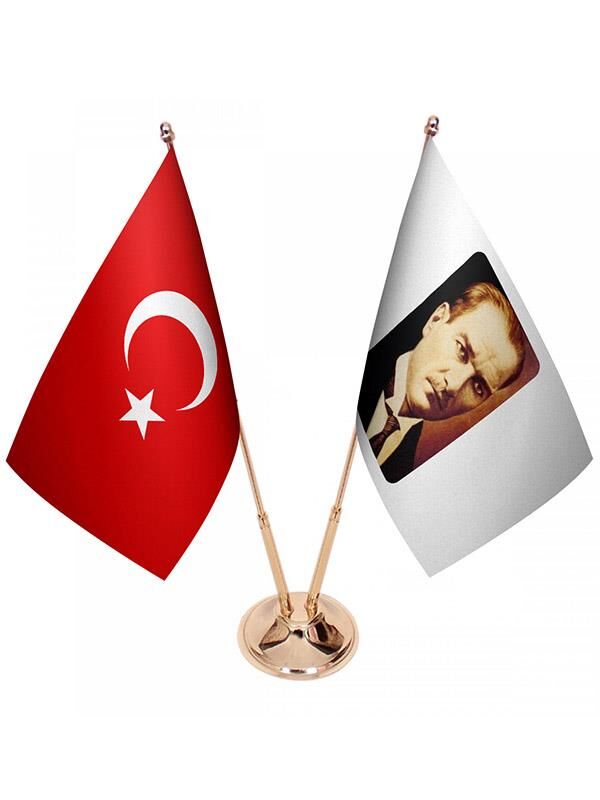 Masa Üstü Atatürk Bayrağı Türk Bayrağı İkili Pirinç Direk Masa Bayrak Seti
