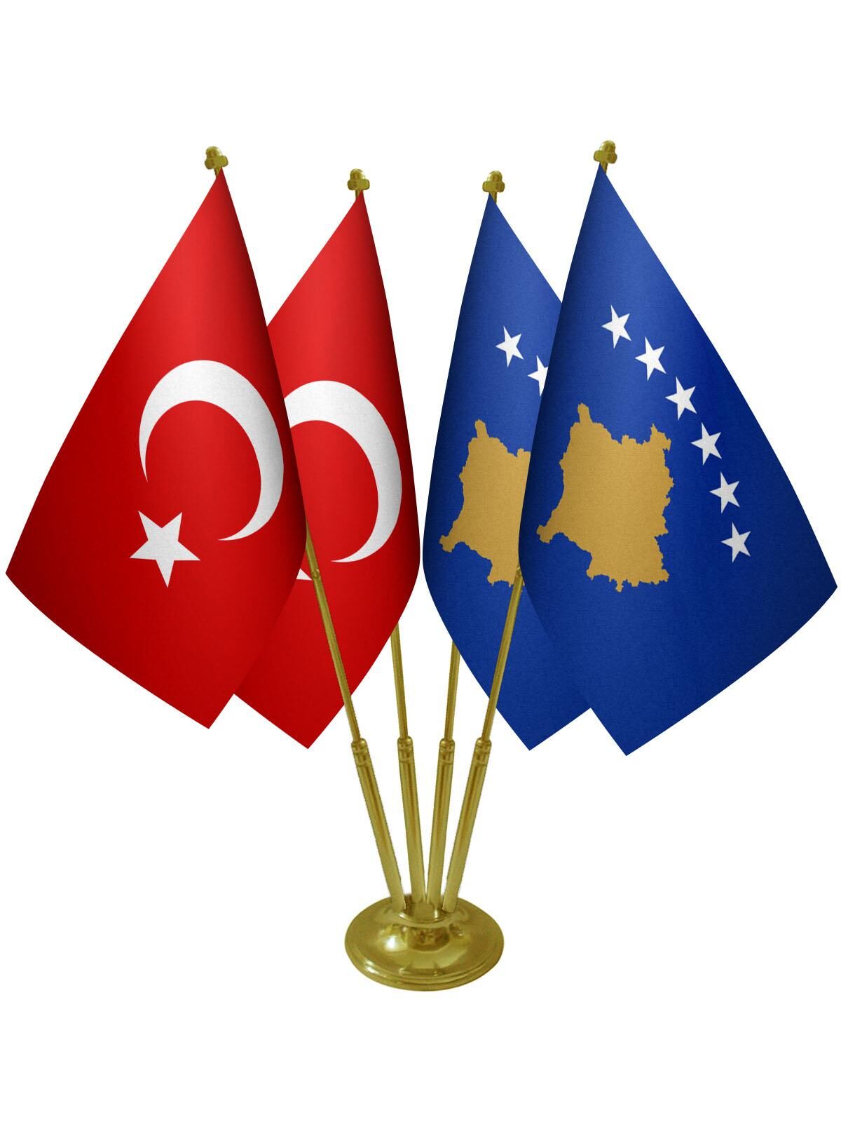 Masa Üstü Kosova Bayrağı Türk Bayrağı Dörtlü Pirinç Direk Masa Bayrak Seti