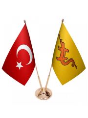 Masa Üstü Hun İmparatorluğu Bayrağı Türk Bayrağı İkili Pirinç Direk Masa Bayrak Seti