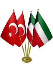 Masa Üstü Kuveyt Bayrağı Türk Bayrağı Dörtlü Pirinç Direk Masa Bayrak Seti