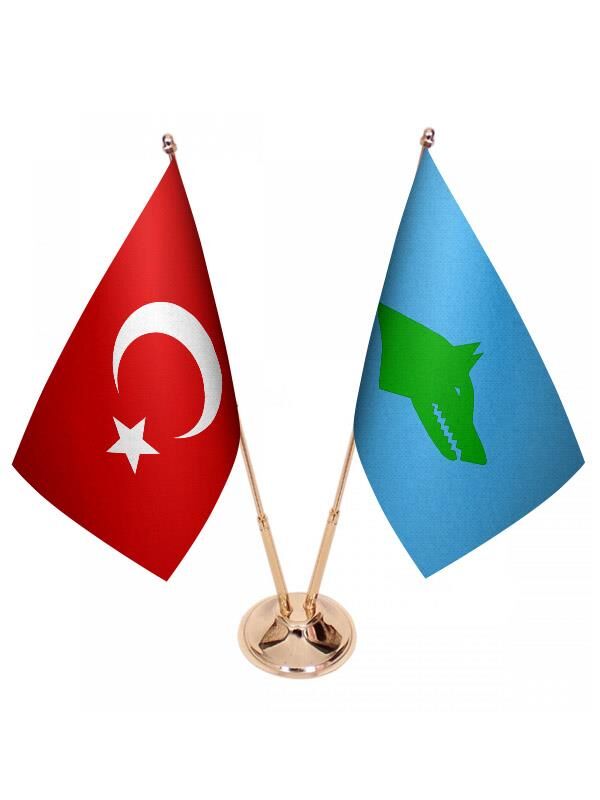 Masa Üstü Göktürk Bayrağı Türk Bayrağı İkili Pirinç Direk Masa Bayrak Seti