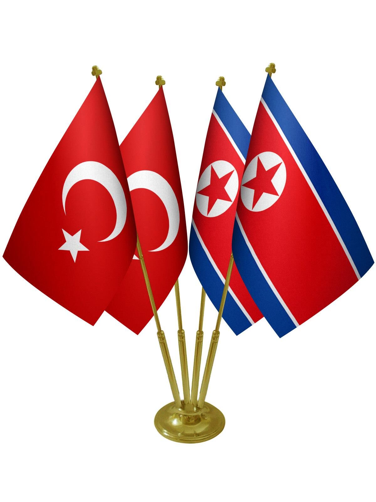 Masa Üstü Kuzey Kore Bayrağı Türk Bayrağı Dörtlü Pirinç Direk Masa Bayrak Seti