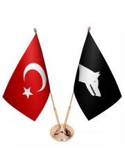 Masa Üstü Siyah Göktürk Bayrağı Türk Bayrağı İkili Pirinç Direk Masa Bayrak Seti