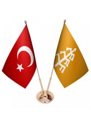 Masa Üstü Karahanlılar Bayrağı Türk Bayrağı İkili Pirinç Direk Masa Bayrak Seti