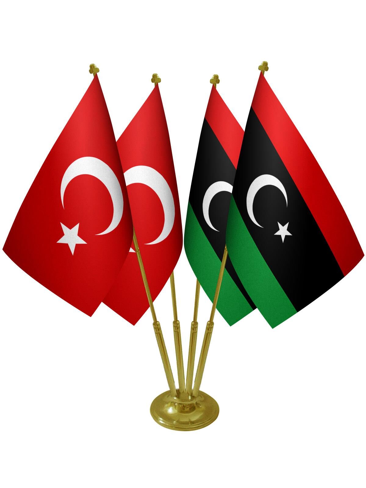 Masa Üstü Libya Bayrağı Türk Bayrağı Dörtlü Pirinç Direk Masa Bayrak Seti