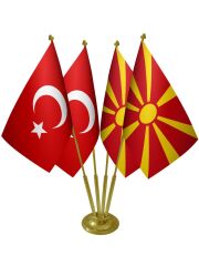 Masa Üstü Makedonya Bayrağı Türk Bayrağı Dörtlü Pirinç Direk Masa Bayrak Seti
