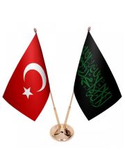 Masa Üstü Siyah Kelimei Tevhid Bayrağı Türk Bayrağı İkili Pirinç Direk Masa Bayrak Seti