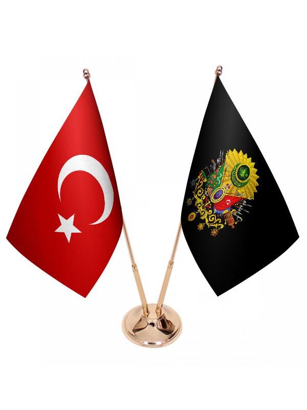 Masa Üstü Siyah Osmanlı Arması Bayrağı Türk Bayrağı İkili Pirinç Direk Masa Bayrak Seti