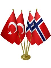 Masa Üstü Norveç Bayrağı Türk Bayrağı Dörtlü Pirinç Direk Masa Bayrak Seti