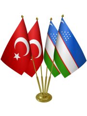 Masa Üstü Özbekistan Bayrağı Türk Bayrağı Dörtlü Pirinç Direk Masa Bayrak Seti