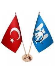 Masa Üstü Selçuklu Devleti Bayrağı Türk Bayrağı İkili Pirinç Direk Masa Bayrak Seti