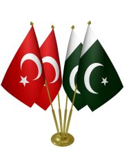 Masa Üstü Pakistan Bayrağı Türk Bayrağı Dörtlü Pirinç Direk Masa Bayrak Seti