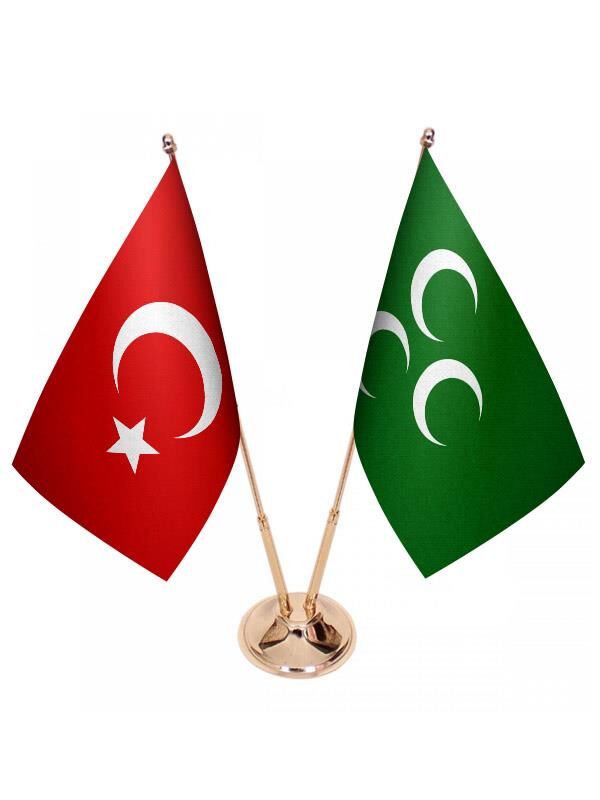 Masa Üstü Yeşil Üç Hilal Bayrağı Türk Bayrağı İkili Pirinç Direk Masa Bayrak Seti