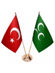 Masa Üstü Yeşil Üç Hilal Bayrağı Türk Bayrağı İkili Pirinç Direk Masa Bayrak Seti