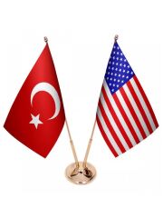 Masa Üstü Amerika Bayrağı Türk Bayrağı İkili Pirinç Direk Masa Bayrak Seti