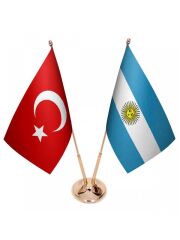Masa Üstü Arjantin Bayrağı Türk Bayrağı İkili Pirinç Direk Masa Bayrak Seti
