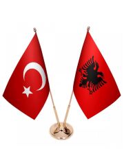 Masa Üstü Arnavutluk Bayrağı Türk Bayrağı İkili Pirinç Direk Masa Bayrak Seti
