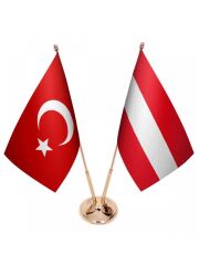 Masa Üstü Avusturya Bayrağı Türk Bayrağı İkili Pirinç Direk Masa Bayrak Seti