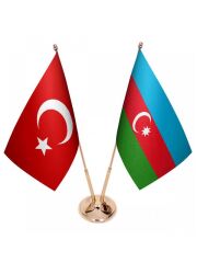 Masa Üstü Azerbaycan Bayrağı Türk Bayrağı İkili Pirinç Direk Masa Bayrak Seti