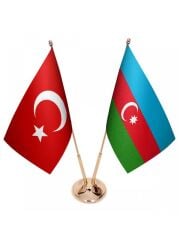 Masa Üstü Azerbaycan Bayrağı Türk Bayrağı İkili Pirinç Direk Masa Bayrak Seti