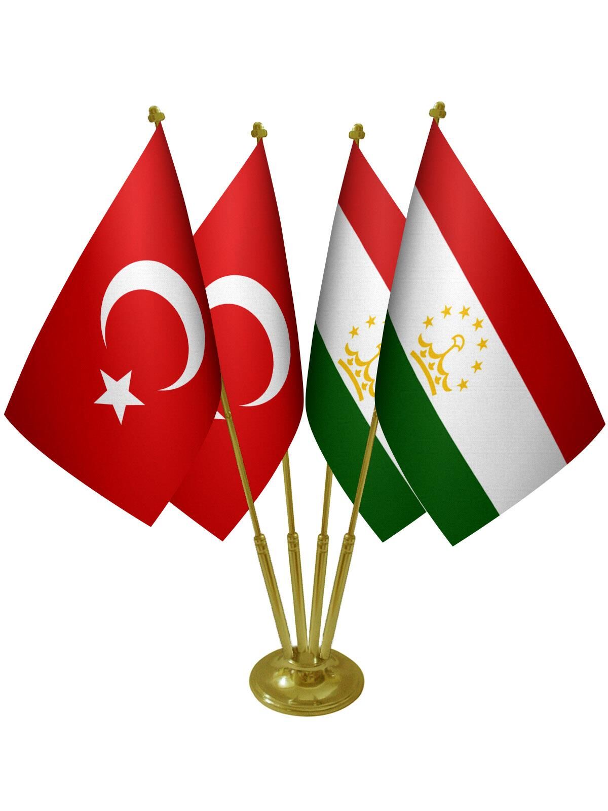 Masa Üstü Tacikistan Bayrağı Türk Bayrağı Dörtlü Pirinç Direk Masa Bayrak Seti