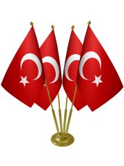 Masa Üstü Dörtlü Türk Bayrağı Dörtlü Pirinç Direk Masa Bayrak Seti