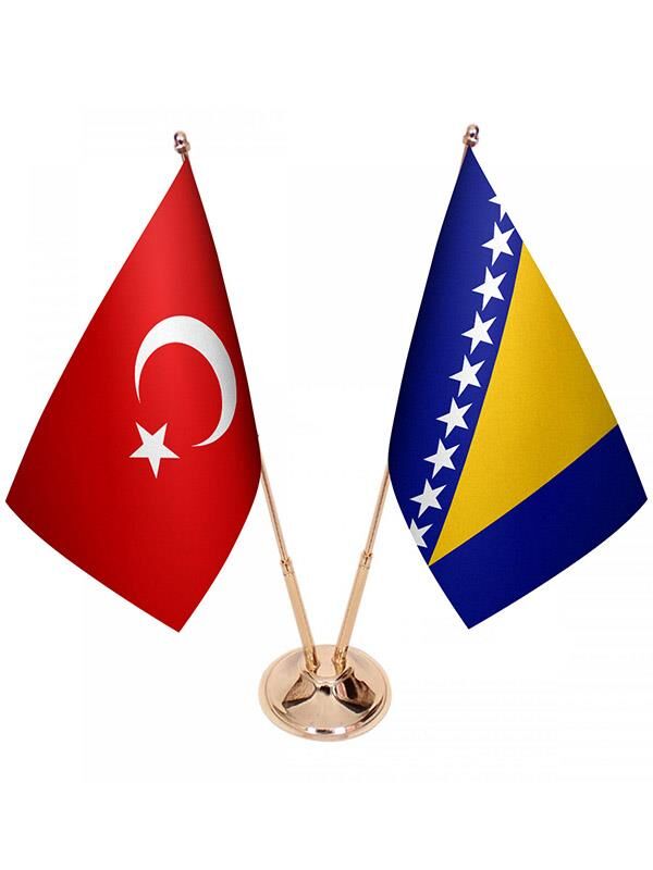 Masa Üstü Bosna Hersek Bayrağı Türk Bayrağı İkili Pirinç Direk Masa Bayrak Seti