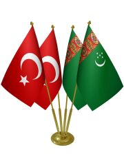 Masa Üstü Türkmenistan Bayrağı Türk Bayrağı Dörtlü Pirinç Direk Masa Bayrak Seti