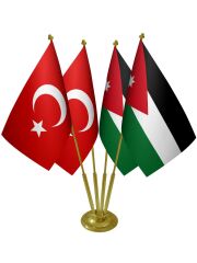Masa Üstü Ürdün Bayrağı Türk Bayrağı Dörtlü Pirinç Direk Masa Bayrak Seti