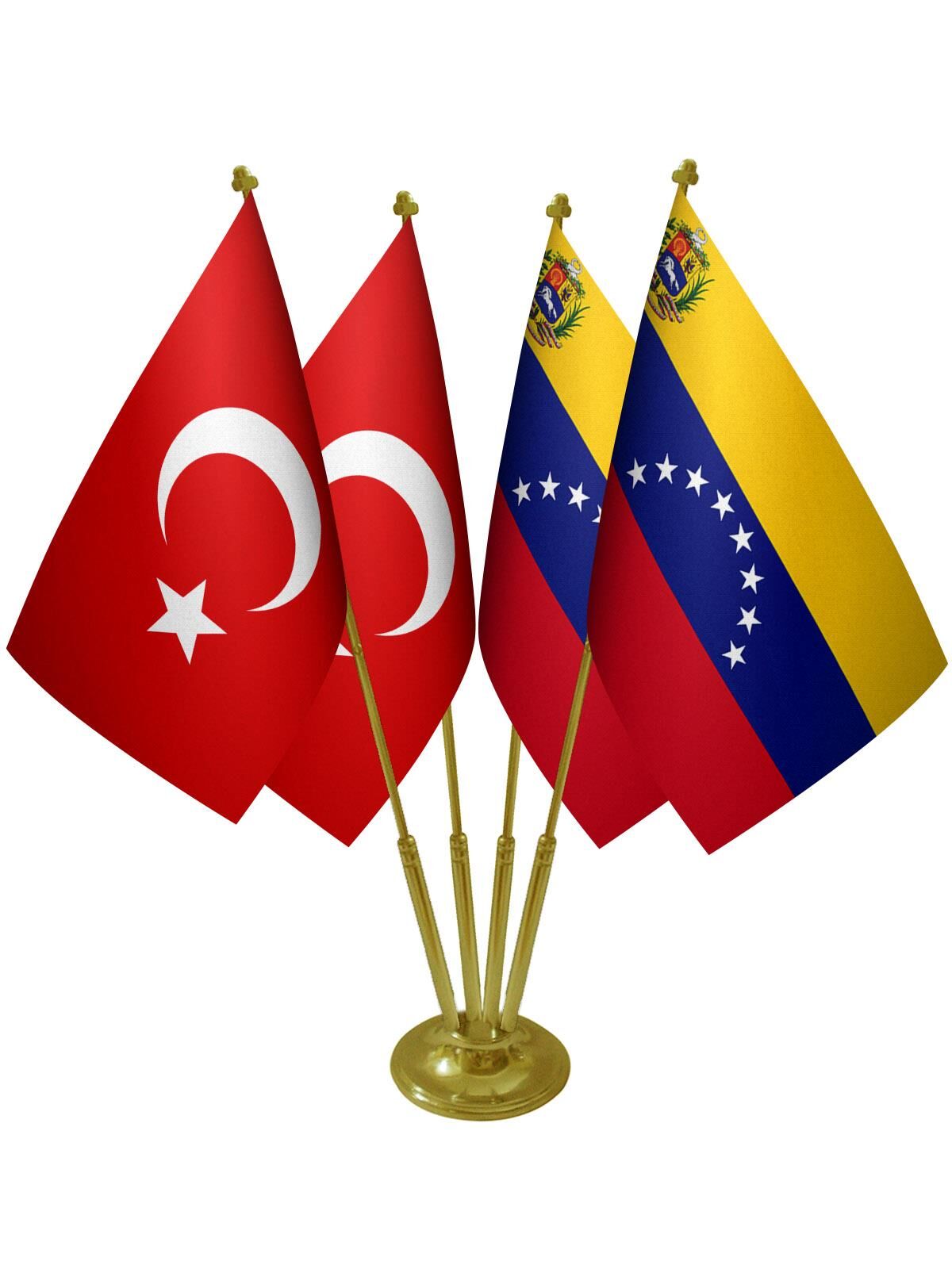 Masa Üstü Venezuella Bayrağı Türk Bayrağı Dörtlü Pirinç Direk Masa Bayrak Seti